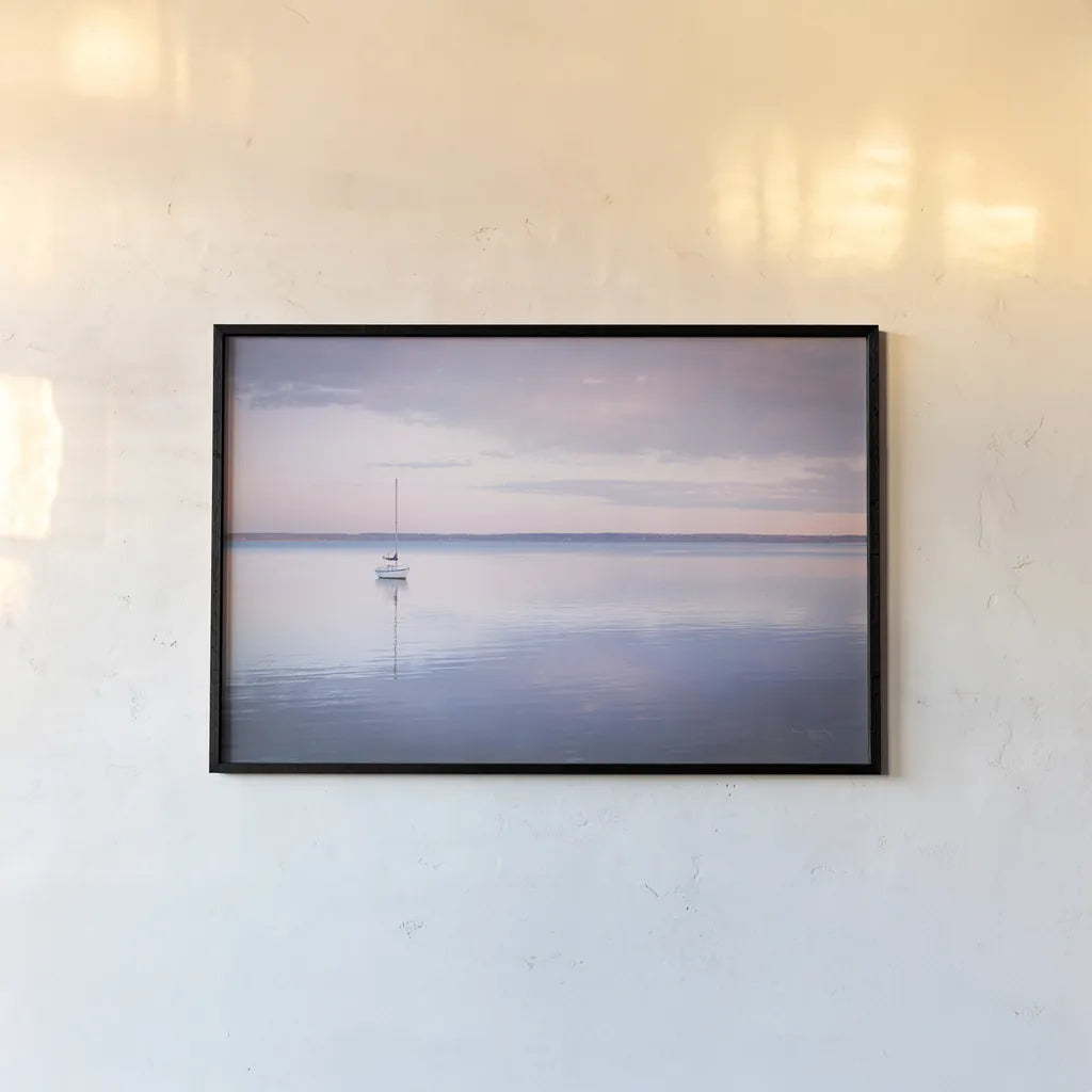 Sailboat in Bellingham Bay I Vignette by Alan Majchrowicz. shown as a paper print in a black flame. Available as a archival giclee rolled canvas, fine art paper, or poster print. SKU 68923i.