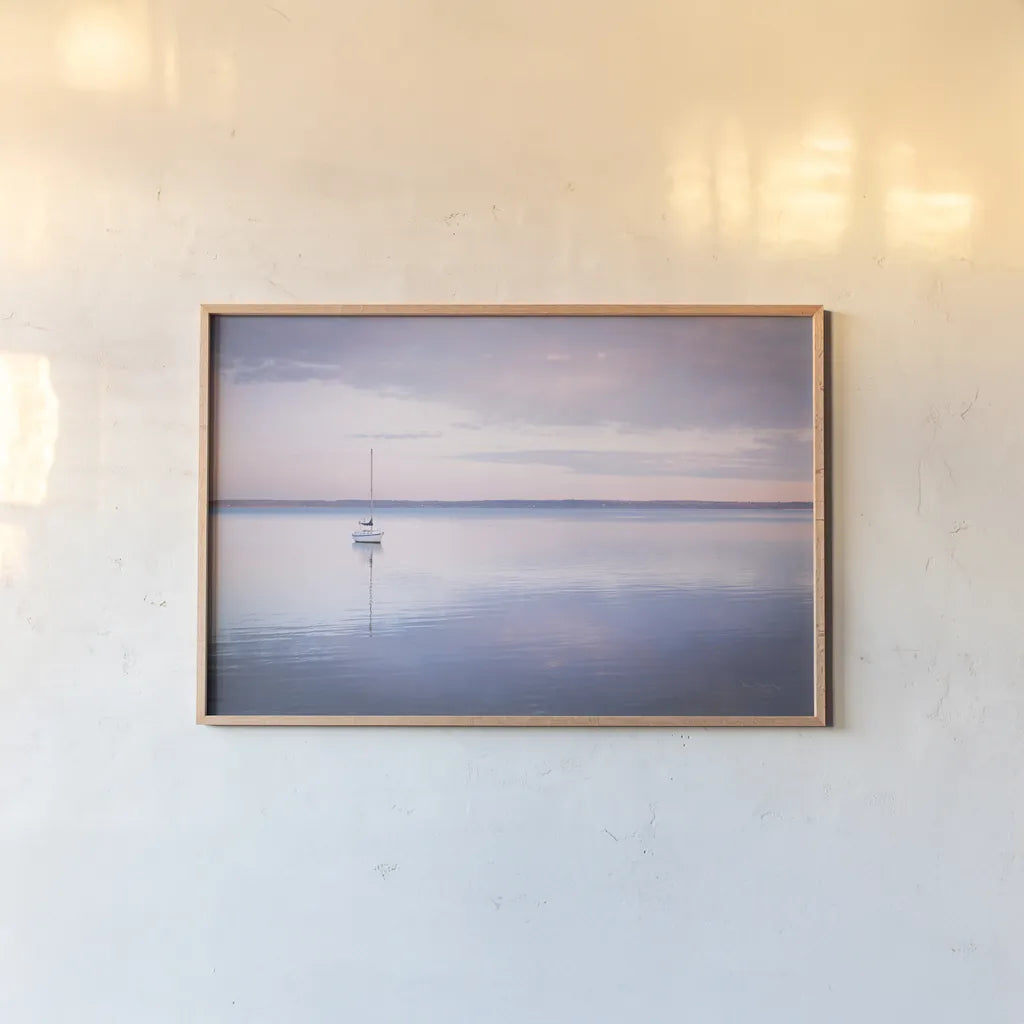 Sailboat in Bellingham Bay I Vignette by Alan Majchrowicz. shown as a paper print in a natural frame. Available as a archival giclee rolled canvas, fine art paper, or poster print. SKU 68923i.