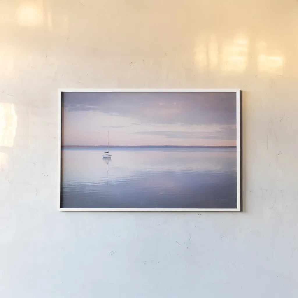 Sailboat in Bellingham Bay I Vignette by Alan Majchrowicz. shown as a paper print in a white frame. Available as a archival giclee rolled canvas, fine art paper, or poster print. SKU 68923i.
