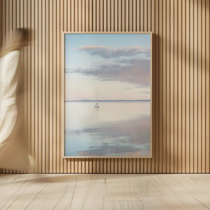 Sailboat in Bellingham Bay II by Alan Majchrowicz. shown as over sized large wall art. Available as an archival giclee rolled canvas, fine art paper, or poster print. SKU 61440h.