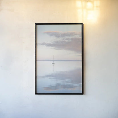 Sailboat in Bellingham Bay II by Alan Majchrowicz. shown as a paper print in a black flame. Available as a archival giclee rolled canvas, fine art paper, or poster print. SKU 61440h.