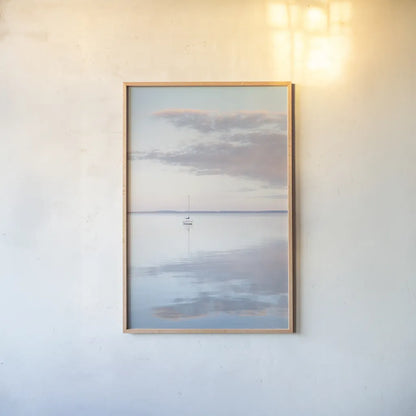 Sailboat in Bellingham Bay II by Alan Majchrowicz. shown as a paper print in a natural frame. Available as a archival giclee rolled canvas, fine art paper, or poster print. SKU 61440h.