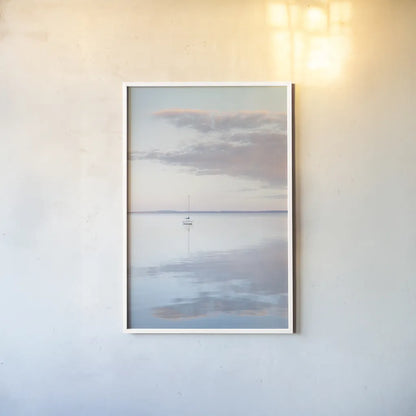 Sailboat in Bellingham Bay II by Alan Majchrowicz. shown as a paper print in a white frame. Available as a archival giclee rolled canvas, fine art paper, or poster print. SKU 61440h.
