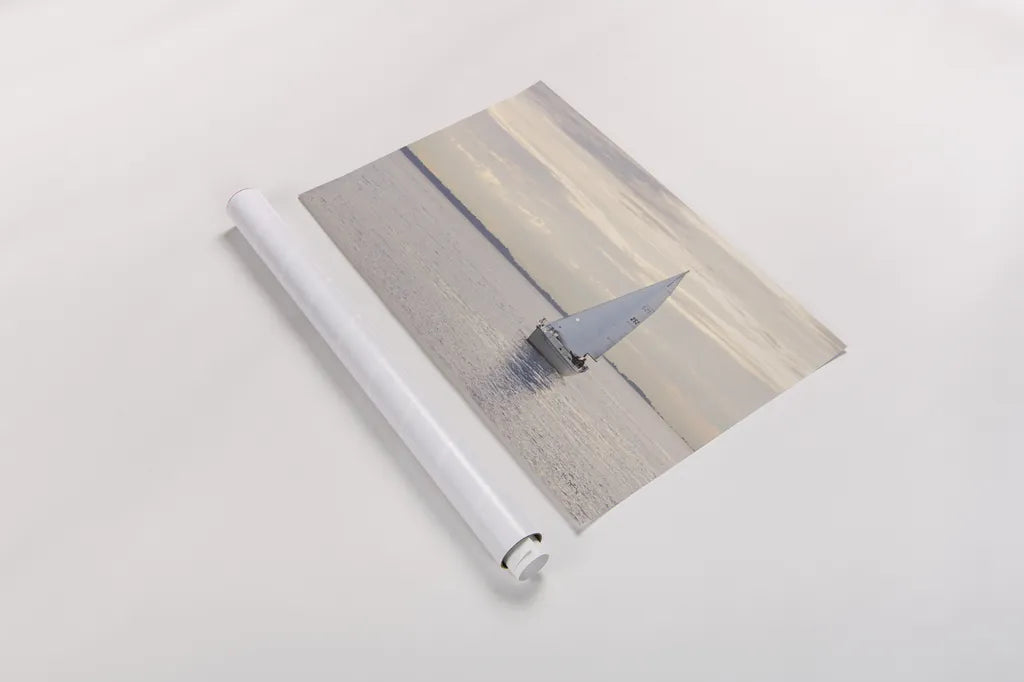 Sailboat in Semiahmoo Bay by Alan Majchrowicz. shown as a rolled paper print. Available as archival giclee rolled canvas, fine art paper, or poster print. SKU 46112i.