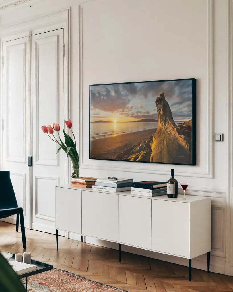 Samish Bay Sunset I by Alan Majchrowicz. shown as a framed stretched canvas in a living room above a console. Available as a archival giclee rolled canvas, fine art paper, or poster print. SKU 33806i.