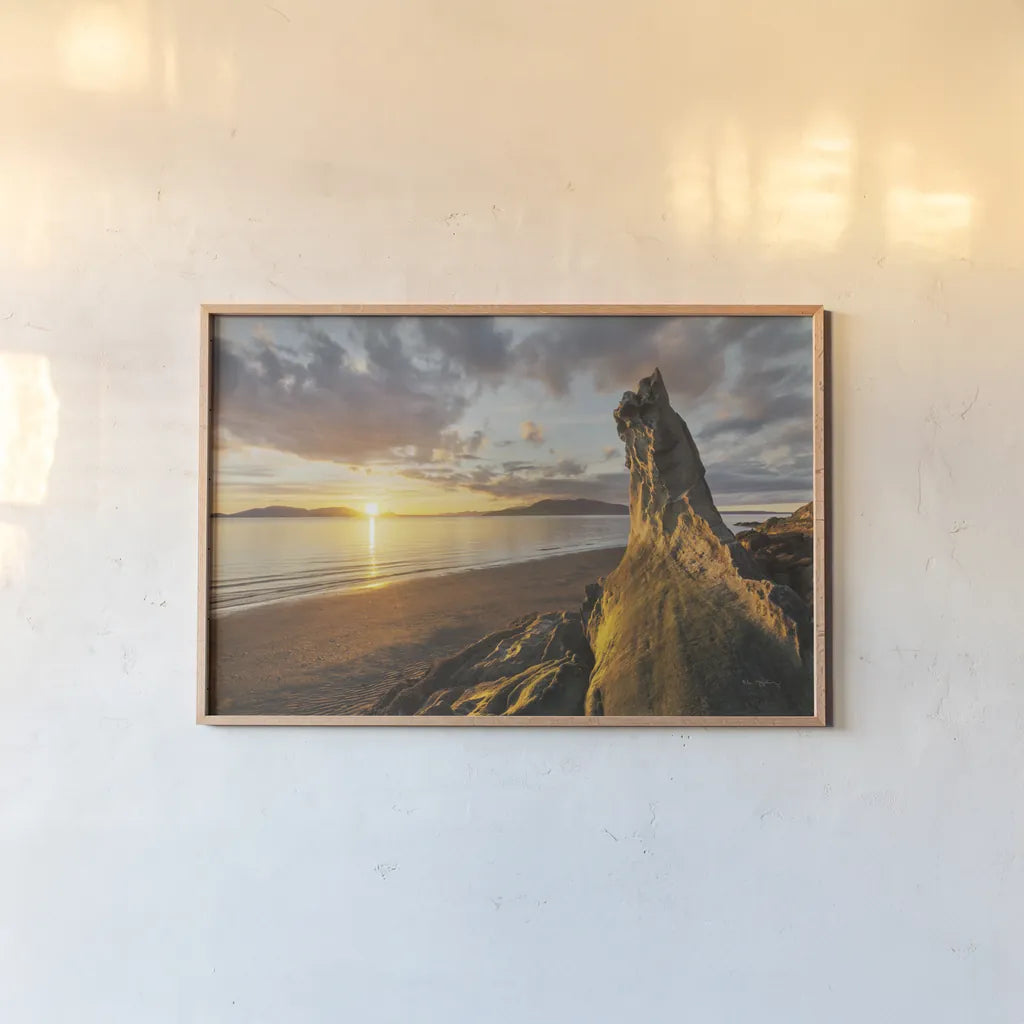 Samish Bay Sunset I by Alan Majchrowicz. shown as a paper print in a natural frame. Available as a archival giclee rolled canvas, fine art paper, or poster print. SKU 33806i.