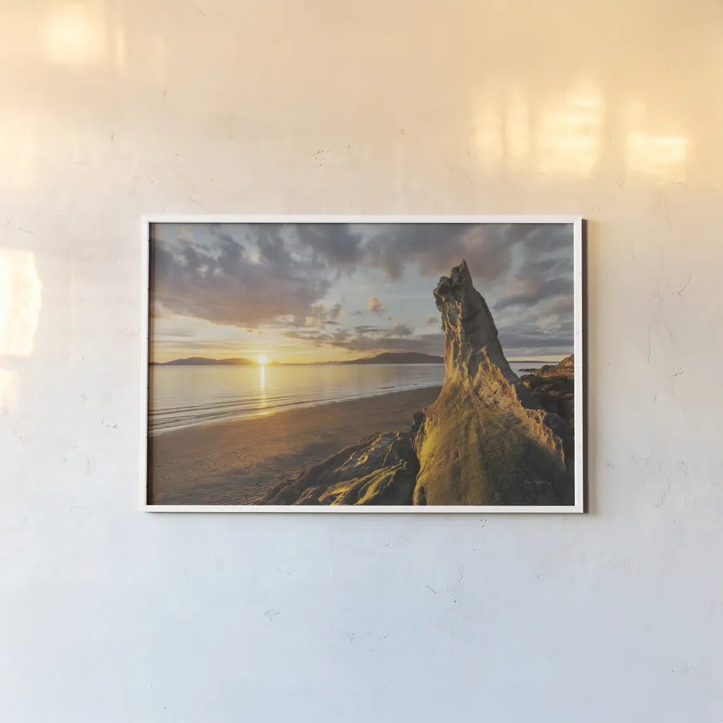 Samish Bay Sunset I by Alan Majchrowicz. shown as a paper print in a white frame. Available as a archival giclee rolled canvas, fine art paper, or poster print. SKU 33806i.