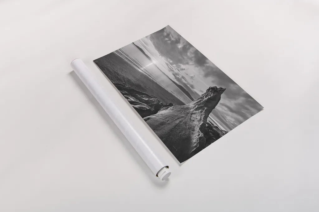 Samish Bay Sunset I BW by Alan Majchrowicz. shown as a rolled paper print. Available as archival giclee rolled canvas, fine art paper, or poster print. SKU 33851i.