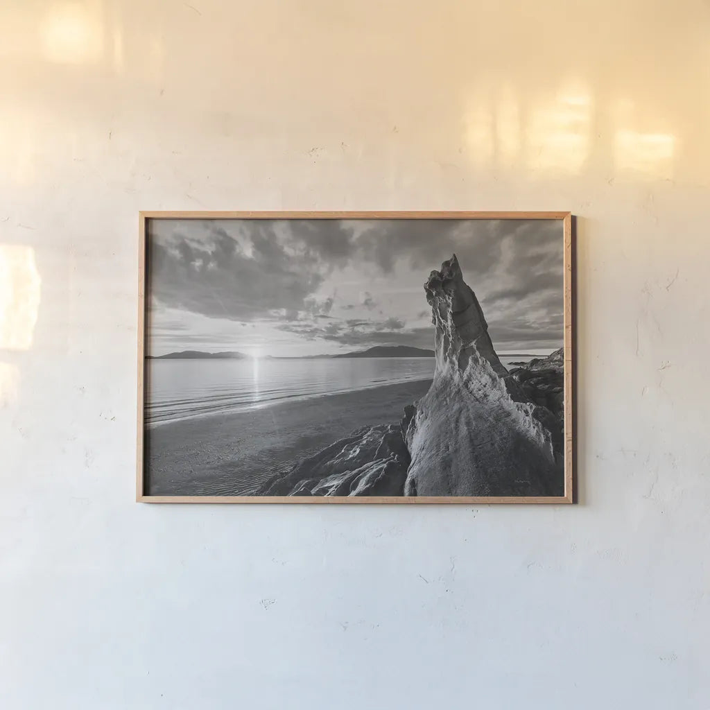 Samish Bay Sunset I BW by Alan Majchrowicz. shown as a paper print in a natural frame. Available as a archival giclee rolled canvas, fine art paper, or poster print. SKU 33851i.