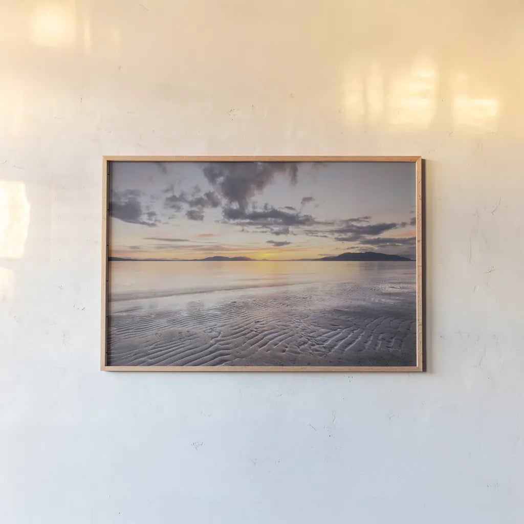 Samish Bay Sunset II by Alan Majchrowicz. shown as a paper print in a natural frame. Available as a archival giclee rolled canvas, fine art paper, or poster print. SKU 33807i.