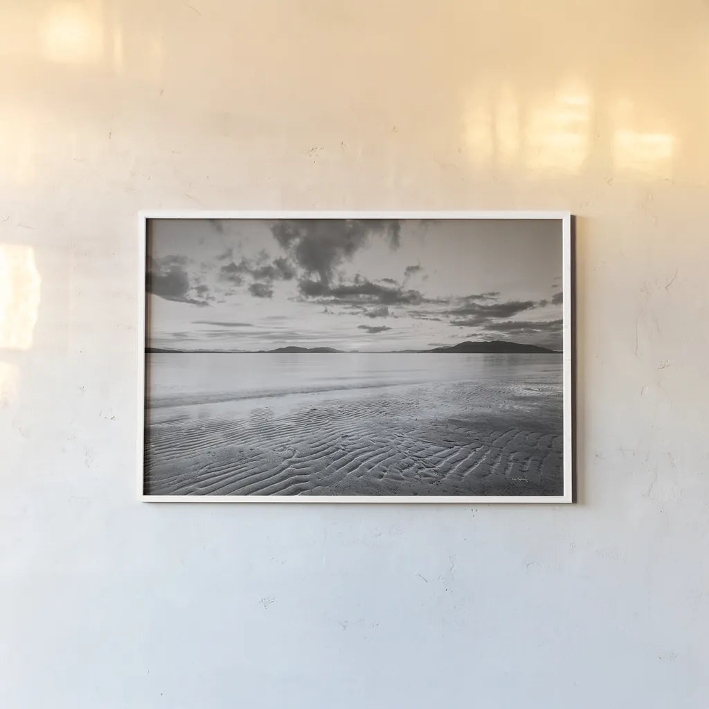 Samish Bay Sunset II BW by Alan Majchrowicz. shown as a paper print in a white frame. Available as a archival giclee rolled canvas, fine art paper, or poster print. SKU 33852i.