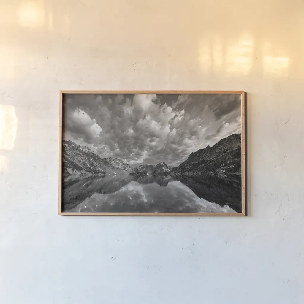 Sawtooth Lake Reflection I by Alan Majchrowicz. shown as a paper print in a natural frame. Available as a archival giclee rolled canvas, fine art paper, or poster print. SKU 64553i.