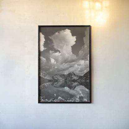 Sawtooth Lake Reflection II by Alan Majchrowicz. shown as a paper print in a black flame. Available as a archival giclee rolled canvas, fine art paper, or poster print. SKU 64554h.