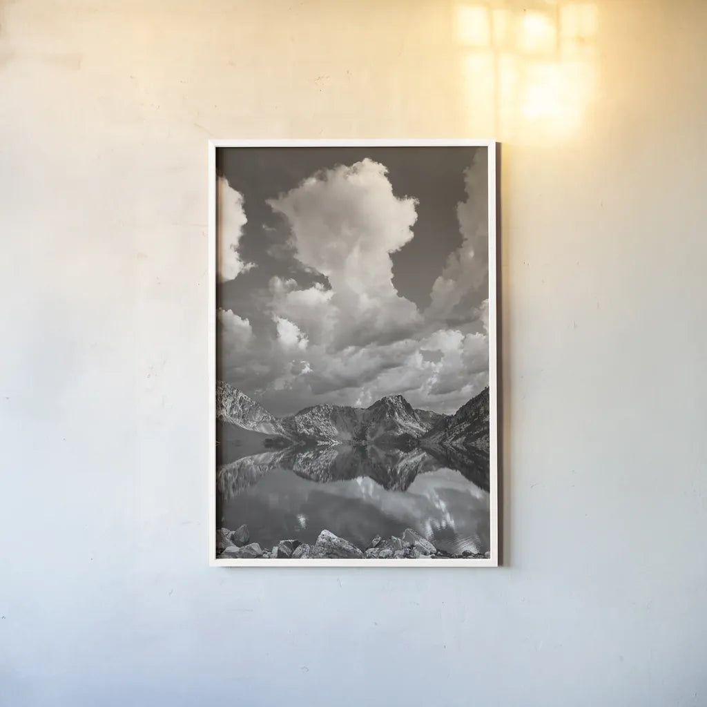 Sawtooth Lake Reflection II by Alan Majchrowicz. shown as a paper print in a white frame. Available as a archival giclee rolled canvas, fine art paper, or poster print. SKU 64554h.