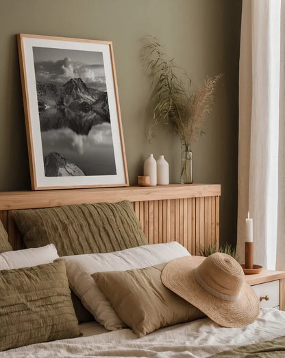 Sawtooth Lake Sawtooth Mountains Idaho by Alan Majchrowicz. shown as a paper print in a natural frame. Available as a archival giclee rolled canvas, fine art paper, or poster print. SKU 71977h.