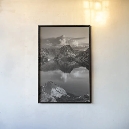 Sawtooth Lake Sawtooth Mountains Idaho by Alan Majchrowicz. shown as a paper print in a black flame. Available as a archival giclee rolled canvas, fine art paper, or poster print. SKU 71977h.