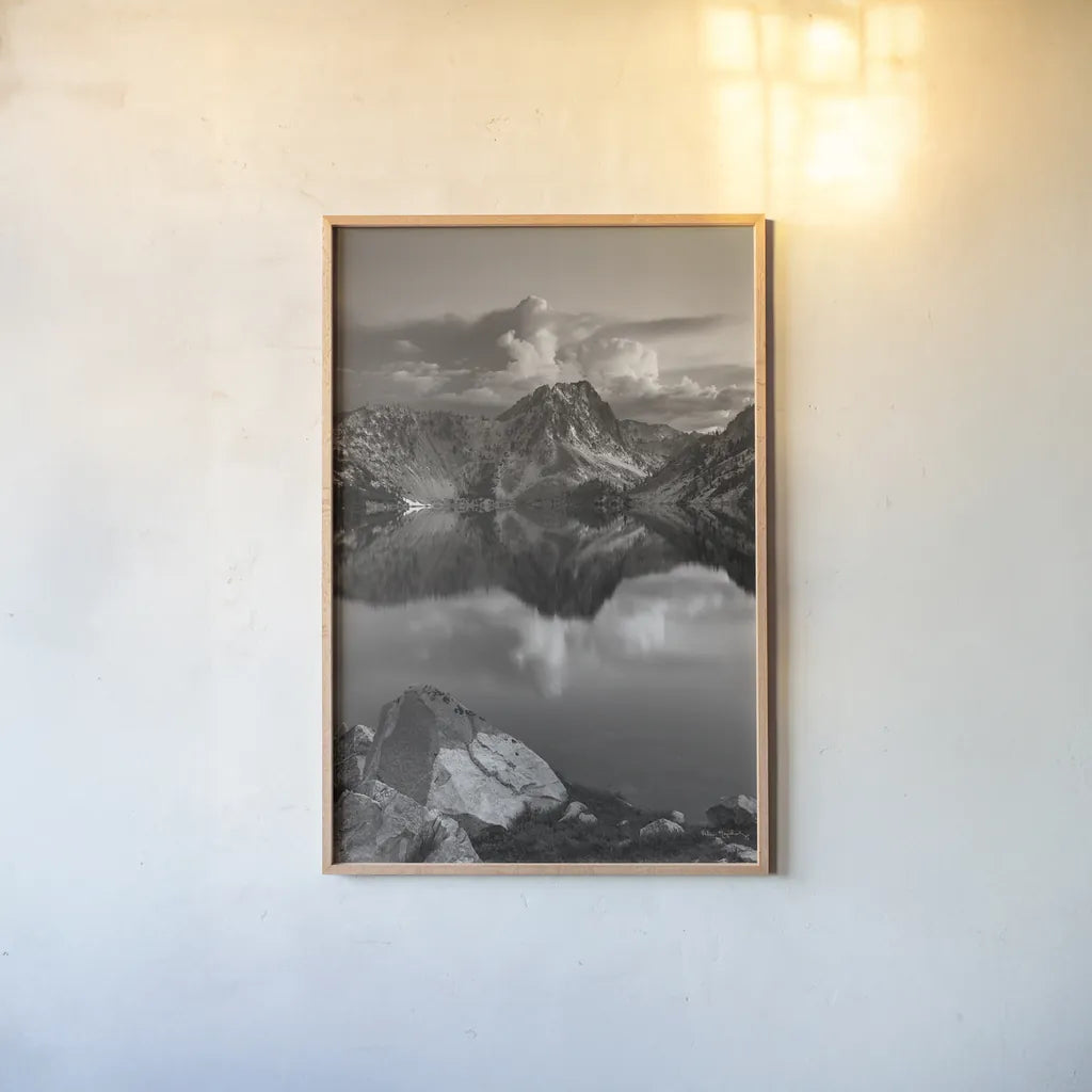 Sawtooth Lake Sawtooth Mountains Idaho by Alan Majchrowicz. shown as a paper print in a natural frame. Available as a archival giclee rolled canvas, fine art paper, or poster print. SKU 71977h.