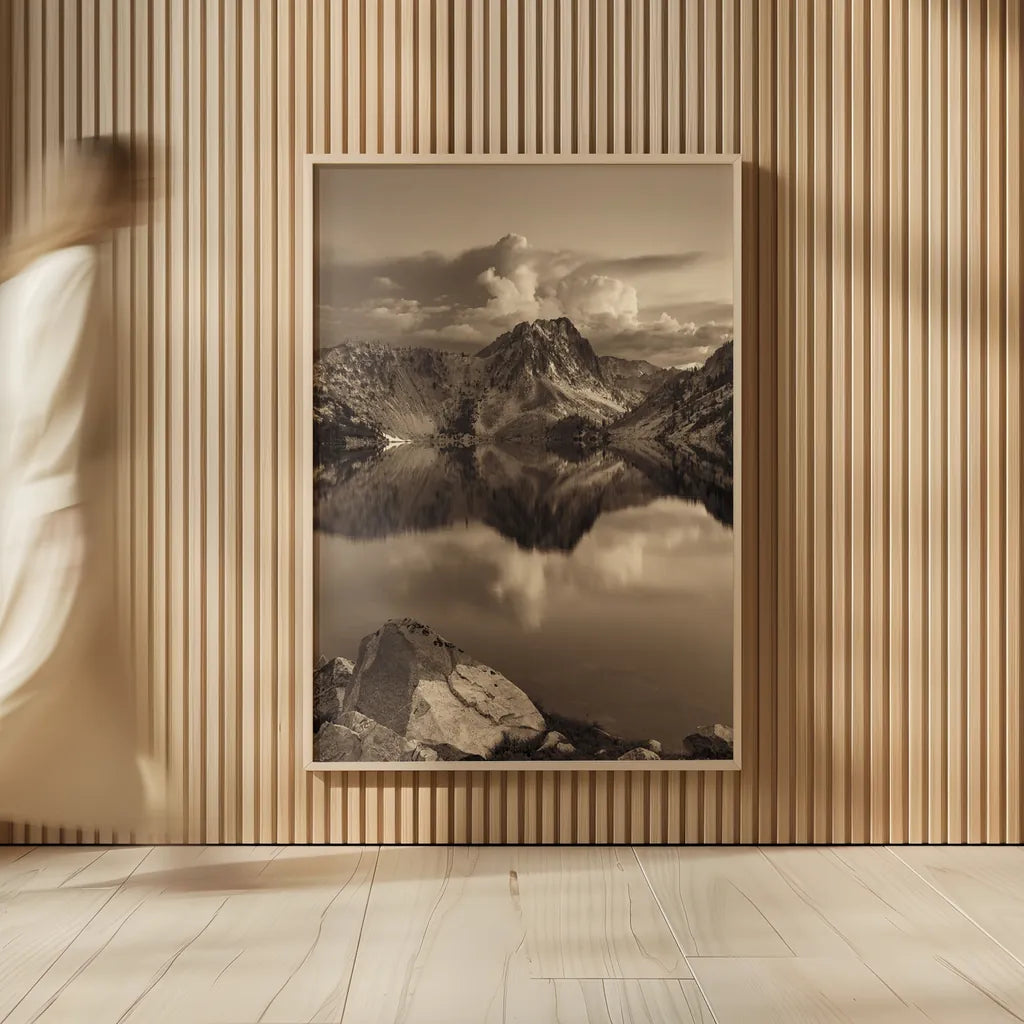 Sawtooth Lake Sepia by Alan Majchrowicz. shown as over sized large wall art. Available as an archival giclee rolled canvas, fine art paper, or poster print. SKU 79229h.