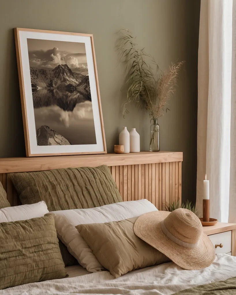 Sawtooth Lake Sepia by Alan Majchrowicz. shown as a paper print in a natural frame. Available as a archival giclee rolled canvas, fine art paper, or poster print. SKU 79229h.