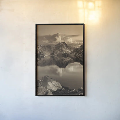 Sawtooth Lake Sepia by Alan Majchrowicz. shown as a paper print in a black flame. Available as a archival giclee rolled canvas, fine art paper, or poster print. SKU 79229h.