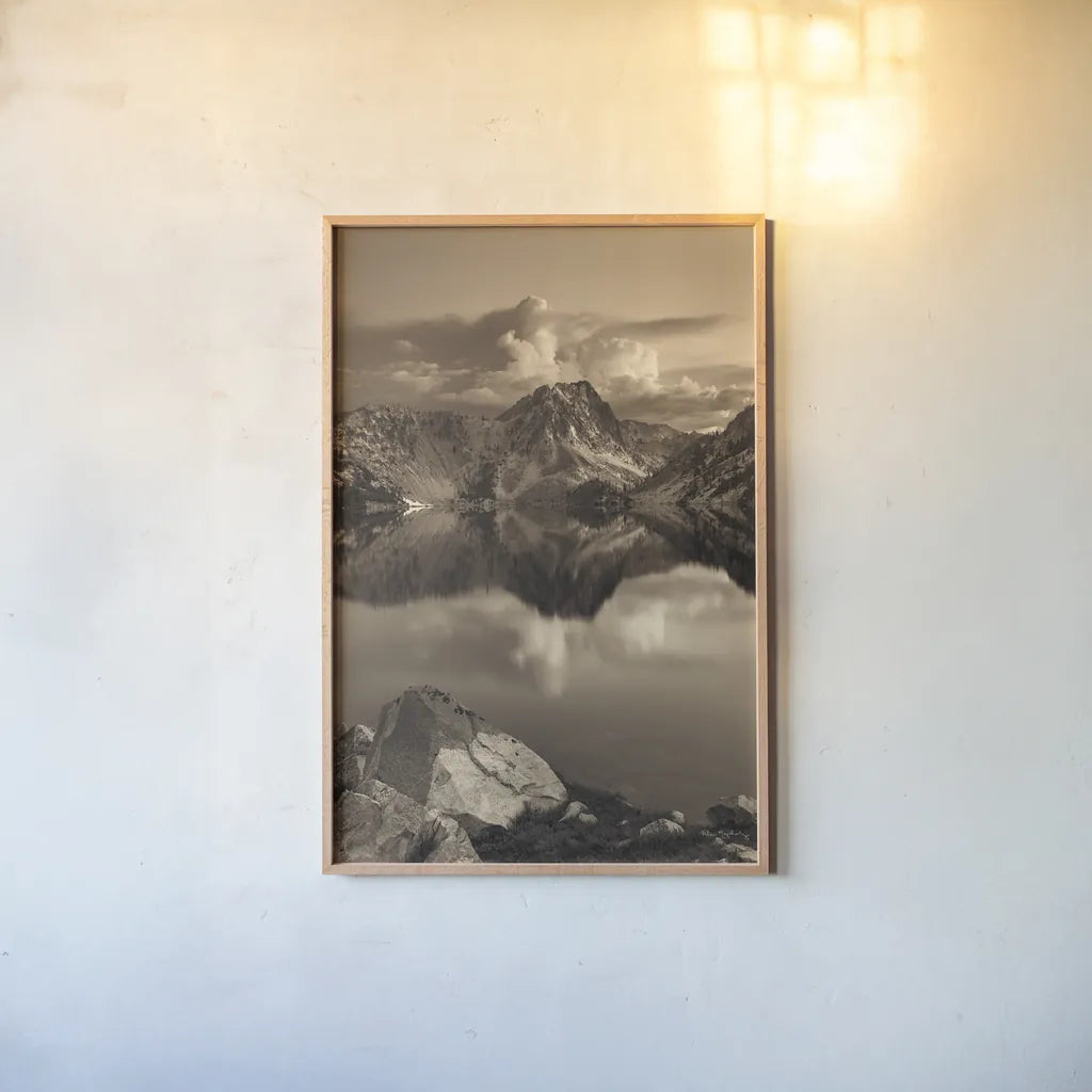 Sawtooth Lake Sepia by Alan Majchrowicz. shown as a paper print in a natural frame. Available as a archival giclee rolled canvas, fine art paper, or poster print. SKU 79229h.