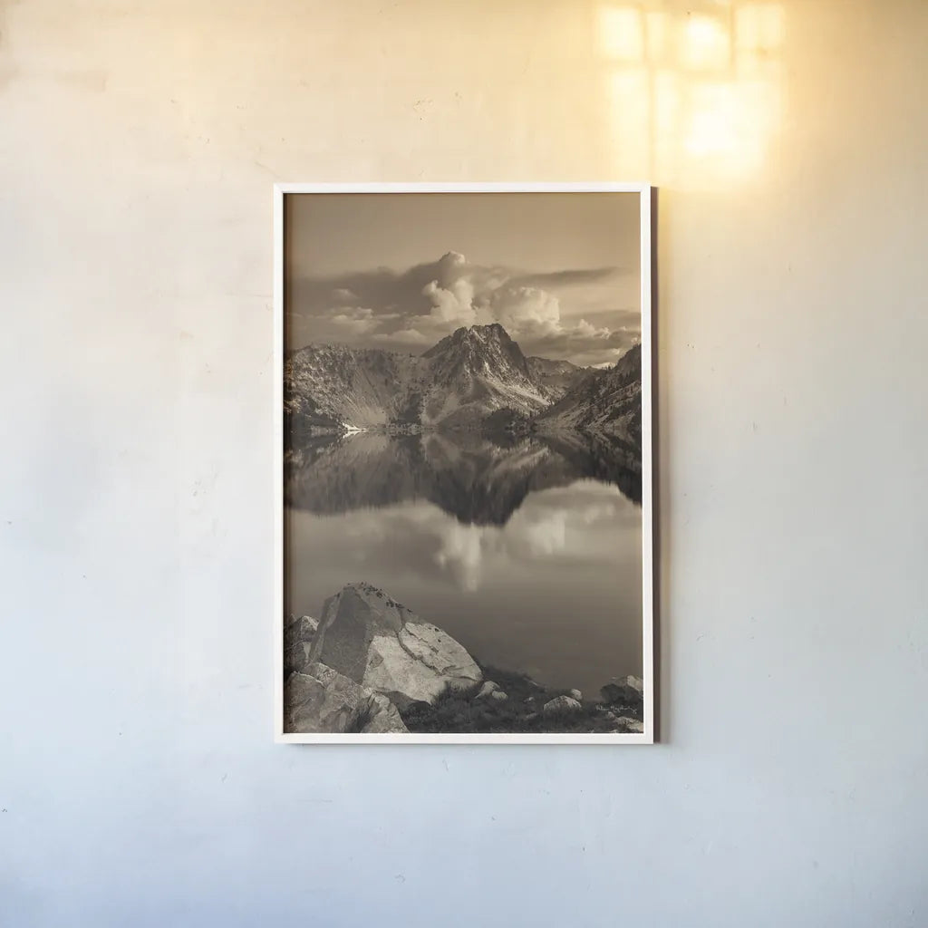 Sawtooth Lake Sepia by Alan Majchrowicz. shown as a paper print in a white frame. Available as a archival giclee rolled canvas, fine art paper, or poster print. SKU 79229h.