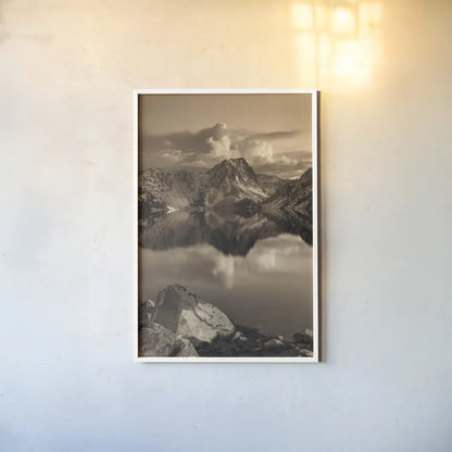 Sawtooth Lake Sepia by Alan Majchrowicz. shown as a paper print in a white frame. Available as a archival giclee rolled canvas, fine art paper, or poster print. SKU 79229h.