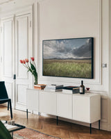 Sawtooth Mountains Idaho by Alan Majchrowicz. shown as a framed stretched canvas in a living room above a console. Available as a archival giclee rolled canvas, fine art paper, or poster print. SKU 63235i.