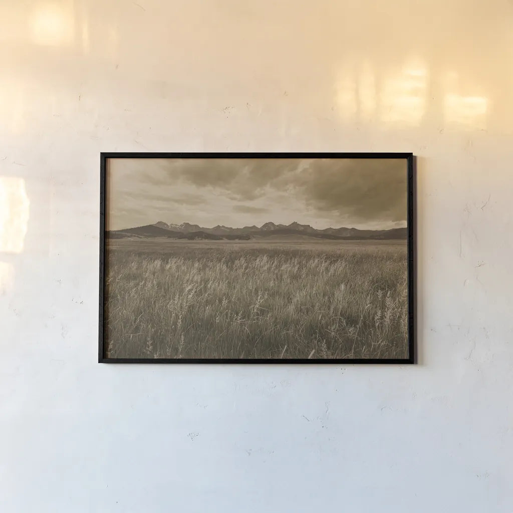 Sawtooth Mountains Idaho II Dark by Alan Majchrowicz. shown as a paper print in a black flame. Available as a archival giclee rolled canvas, fine art paper, or poster print. SKU 78317i.