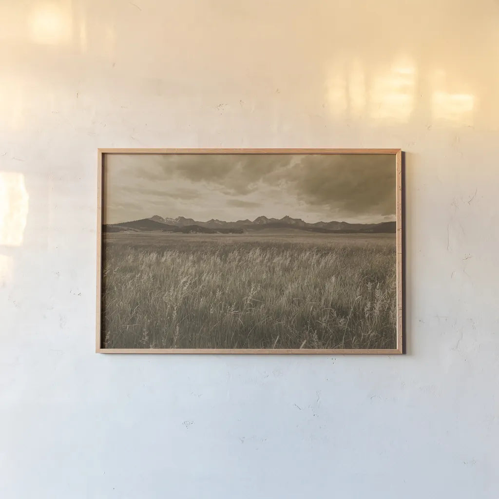 Sawtooth Mountains Idaho II Dark by Alan Majchrowicz. shown as a paper print in a natural frame. Available as a archival giclee rolled canvas, fine art paper, or poster print. SKU 78317i.