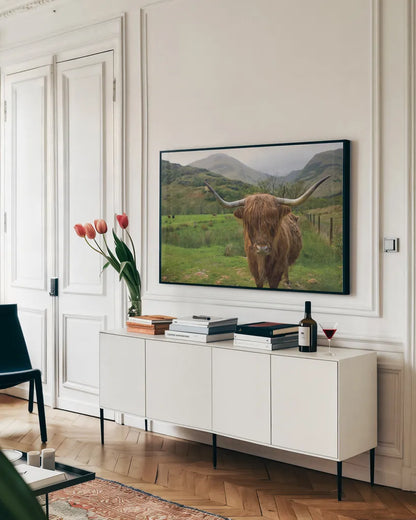 Scottish Highland Cattle III by Alan Majchrowicz. shown as a framed stretched canvas in a living room above a console. Available as a archival giclee rolled canvas, fine art paper, or poster print. SKU 52303i.