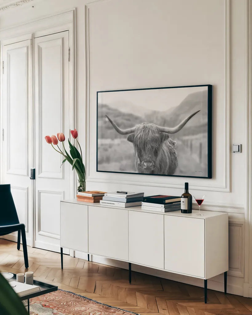 Scottish Highland Cattle III Neutral Crop by Alan Majchrowicz. shown as a framed stretched canvas in a living room above a console. Available as a archival giclee rolled canvas, fine art paper, or poster print. SKU 68383i.