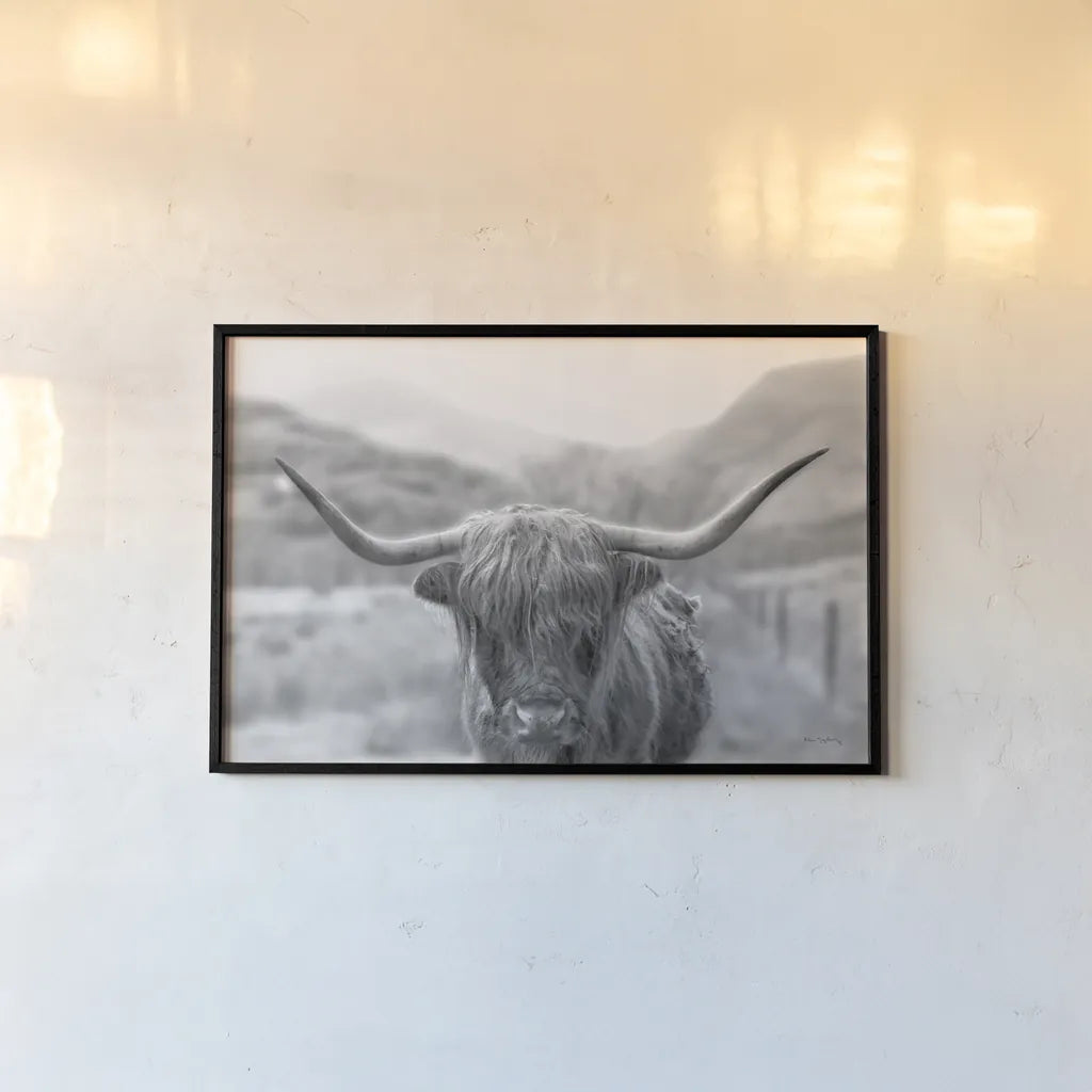 Scottish Highland Cattle III Neutral Crop by Alan Majchrowicz. shown as a paper print in a black flame. Available as a archival giclee rolled canvas, fine art paper, or poster print. SKU 68383i.