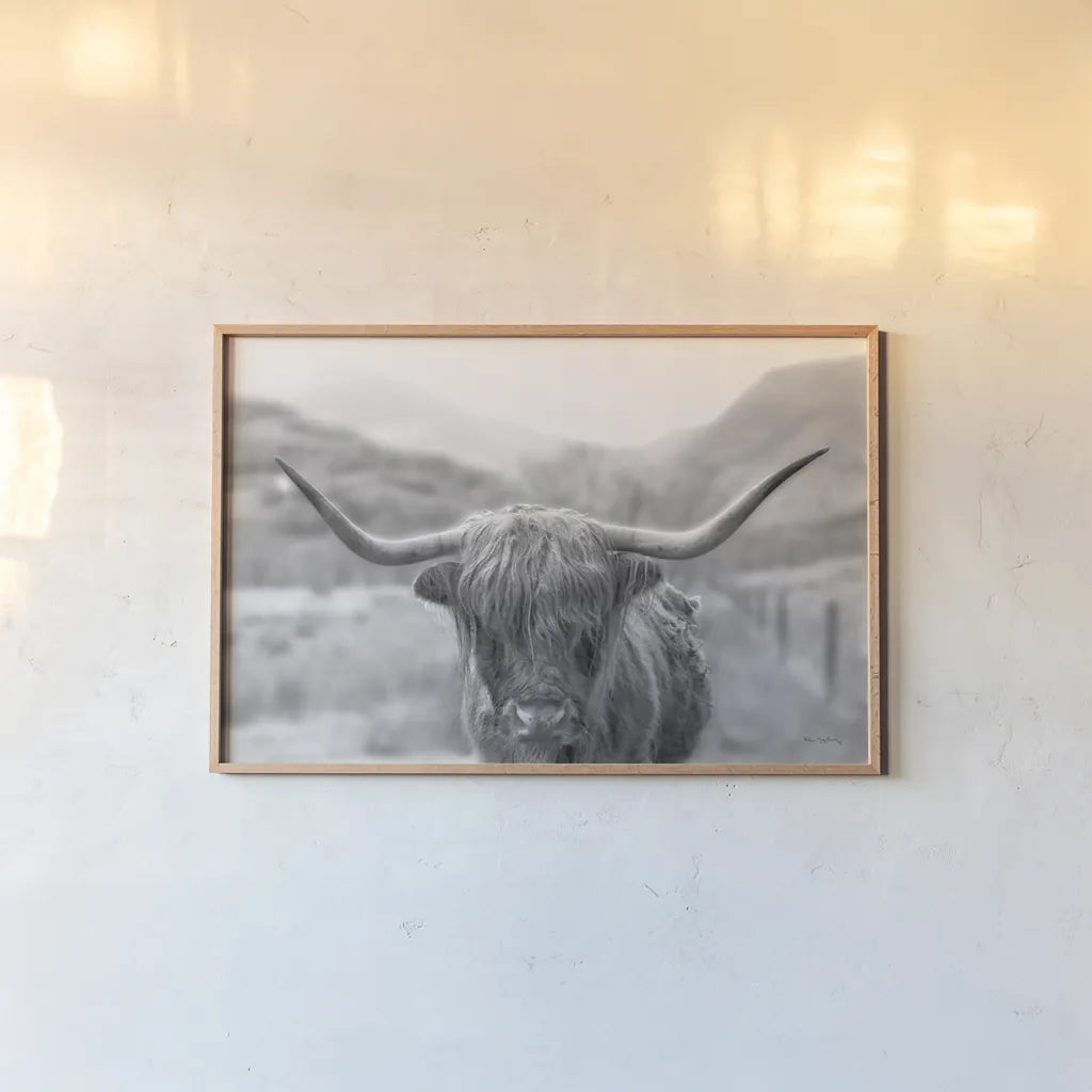Scottish Highland Cattle III Neutral Crop by Alan Majchrowicz. shown as a paper print in a natural frame. Available as a archival giclee rolled canvas, fine art paper, or poster print. SKU 68383i.