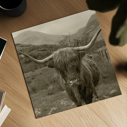 Scottish Highland Cattle III Sepia by Alan Majchrowicz. Shown as a detailed flat fine art print, highlighting archival giclee quality. Available as an archival giclee rolled canvas, fine art paper, or poster print. SKU 57699a.