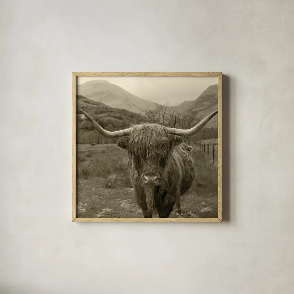 Scottish Highland Cattle III Sepia by Alan Majchrowicz. Shown in a natural wood glass frame for a timeless modern aesthetic. Available as an archival giclee rolled canvas, fine art paper, or poster print. SKU 57699a.