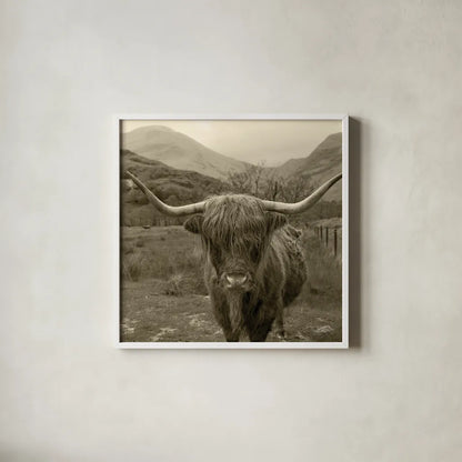 Scottish Highland Cattle III Sepia by Alan Majchrowicz. Shown in a crisp white glass frame for a clean and minimalist style. Available as an archival giclee rolled canvas, fine art paper, or poster print. SKU 57699a.