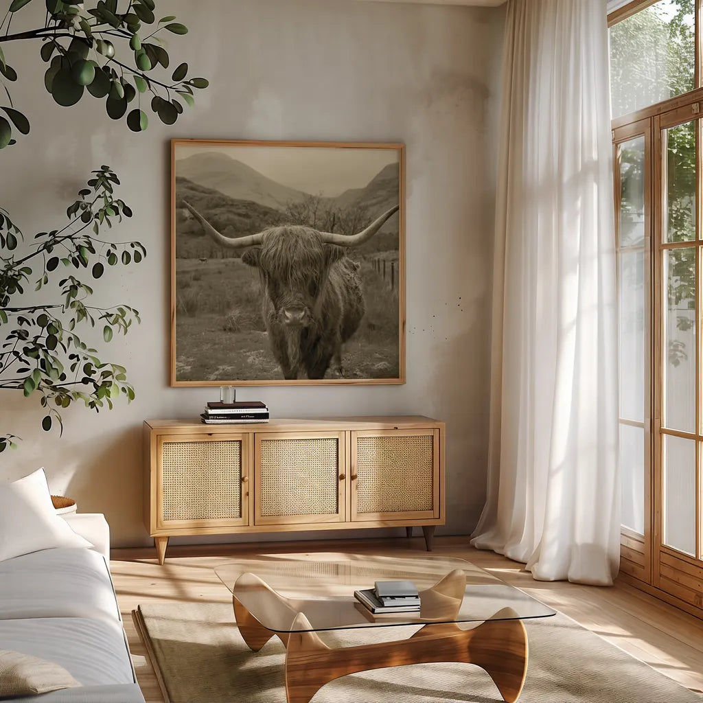 Scottish Highland Cattle III Sepia by Alan Majchrowicz. Shown in a natural wood frame in a cozy modern living room. Available as an archival giclee rolled canvas, fine art paper, or poster print. SKU 57699a.
