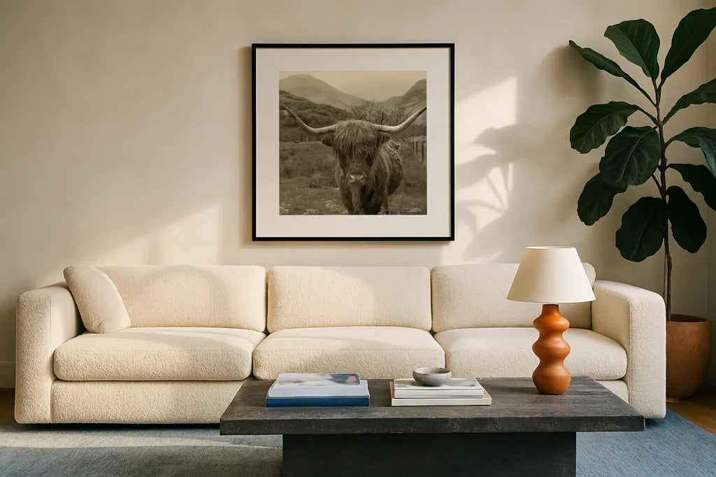 Scottish Highland Cattle III Sepia by Alan Majchrowicz. Displayed in a glass frame with matte in a clean modern living room. Available as an archival giclee rolled canvas, fine art paper, or poster print. SKU 57699a.
