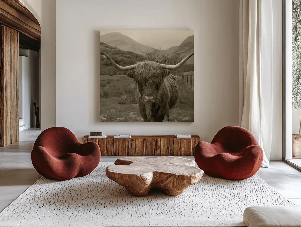 Scottish Highland Cattle III Sepia by Alan Majchrowicz. Shown as extra-large giant wall art in a modern living room. Available as an archival giclee rolled canvas, fine art paper, or poster print. SKU 57699a.