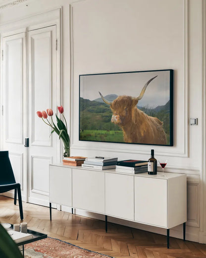Scottish Highland Cattle V by Alan Majchrowicz. shown as a framed stretched canvas in a living room above a console. Available as a archival giclee rolled canvas, fine art paper, or poster print. SKU 52305i.