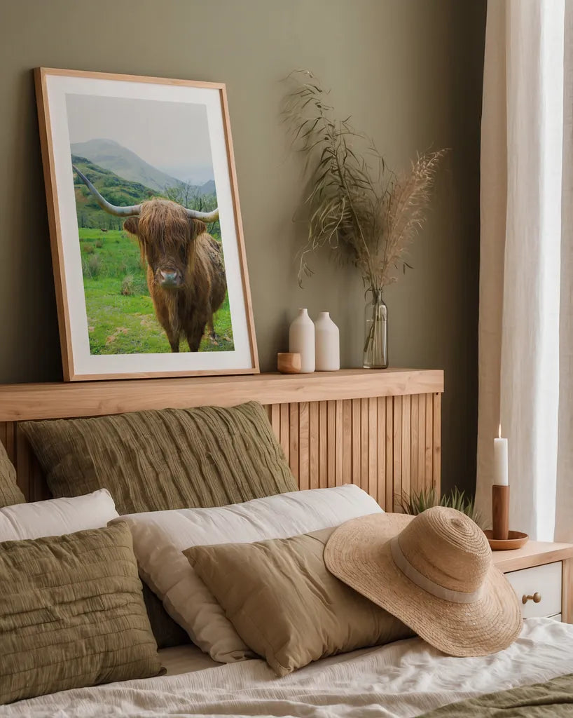 Scottish Highland Cattle VI by Alan Majchrowicz. shown as a paper print in a natural frame. Available as a archival giclee rolled canvas, fine art paper, or poster print. SKU 52306h.