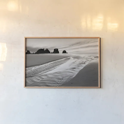 Shi Shi Point of Arches by Alan Majchrowicz. shown as a paper print in a natural frame. Available as a archival giclee rolled canvas, fine art paper, or poster print. SKU 11327i.