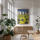 Skagit Valley Daffodils I by Alan Majchrowicz. shown as a print in a natural wood frame in a dining room. Available as a archival giclee rolled canvas, fine art paper, or poster print. SKU 46212h.