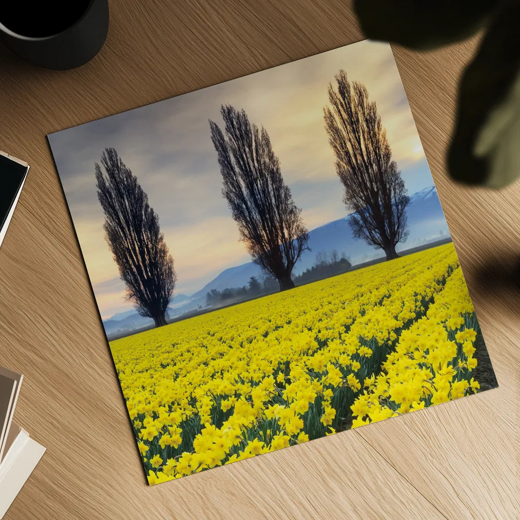 Skagit Valley Daffodils II by Alan Majchrowicz. Shown as a detailed flat fine art print, highlighting archival giclee quality. Available as an archival giclee rolled canvas, fine art paper, or poster print. SKU 46213a.