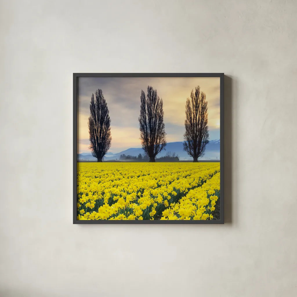 Skagit Valley Daffodils II by Alan Majchrowicz. Shown in a sleek black glass frame for a contemporary gallery look. Available as an archival giclee rolled canvas, fine art paper, or poster print. SKU 46213a.