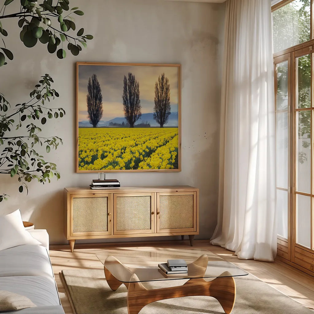 Skagit Valley Daffodils II by Alan Majchrowicz. Shown in a natural wood frame in a cozy modern living room. Available as an archival giclee rolled canvas, fine art paper, or poster print. SKU 46213a.