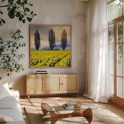 Skagit Valley Daffodils II by Alan Majchrowicz. Shown in a natural wood frame in a cozy modern living room. Available as an archival giclee rolled canvas, fine art paper, or poster print. SKU 46213a.