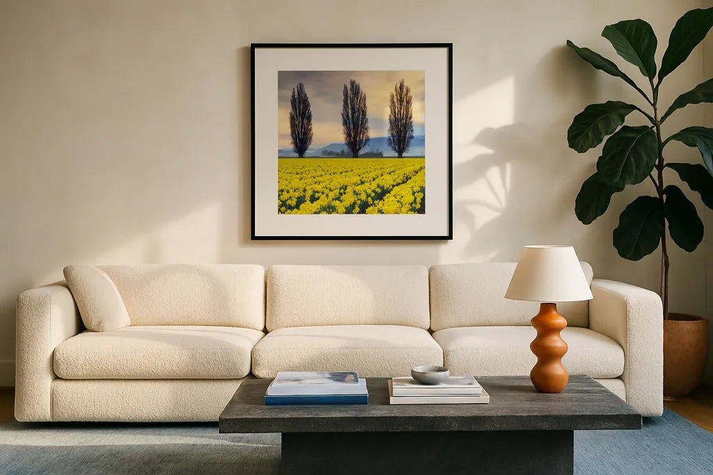 Skagit Valley Daffodils II by Alan Majchrowicz. Displayed in a glass frame with matte in a clean modern living room. Available as an archival giclee rolled canvas, fine art paper, or poster print. SKU 46213a.