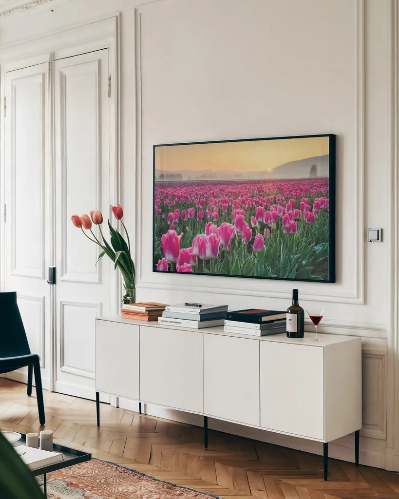 Skagit Valley Tulips I by Alan Majchrowicz. shown as a framed stretched canvas in a living room above a console. Available as a archival giclee rolled canvas, fine art paper, or poster print. SKU 46180i.
